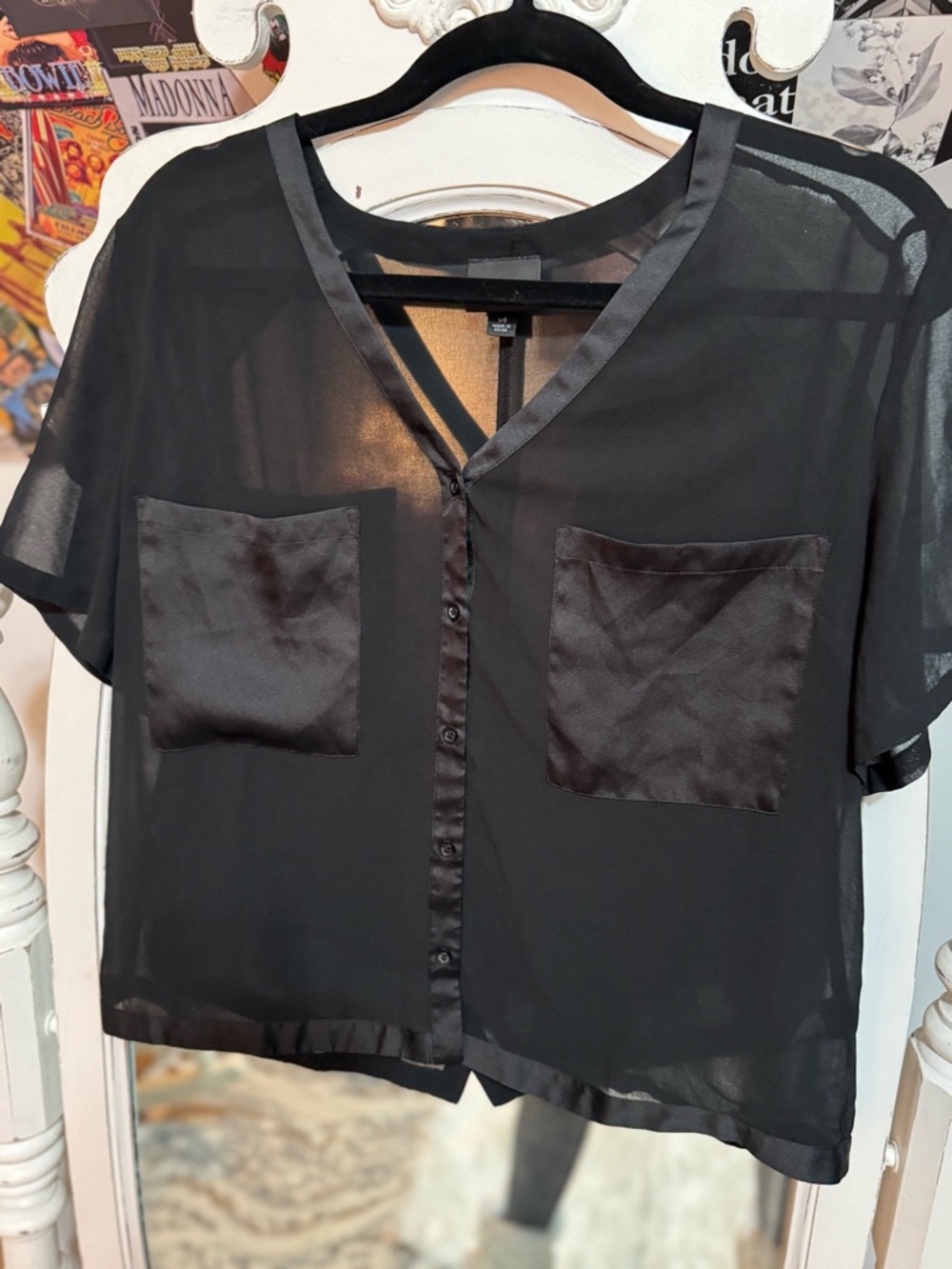 Sheer Black Button-Front Blouse with Satin Pockets